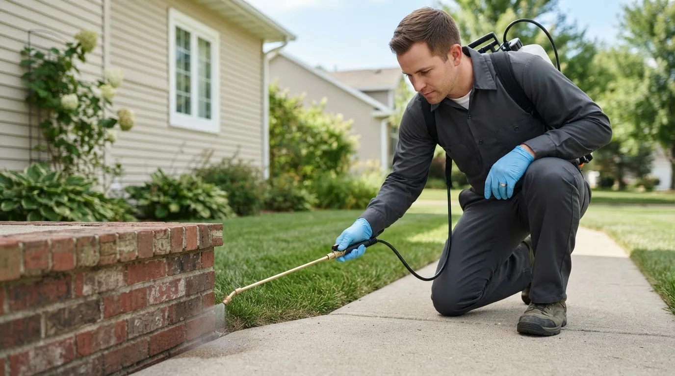 Pest control technician treating a home near Fort Necessity, LA